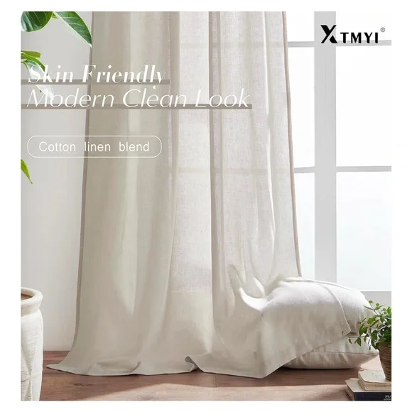 NWT XTMYI Back Tab/Hooks Linen Cotton Sheer Curtains 50"w x 45"l Oatmeal/Beige - Picture 3 of 6
